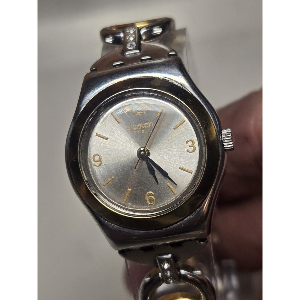 Swatch Irony Minimix YSS308G Two-Tone Ladies' Watch. Crystal Accents. 7" Band.
